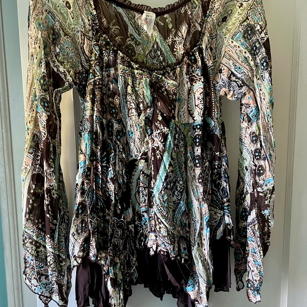 Bohemian Multicolor Women's Top, Empire waist/Floral brown flare sleeves/USAMADE